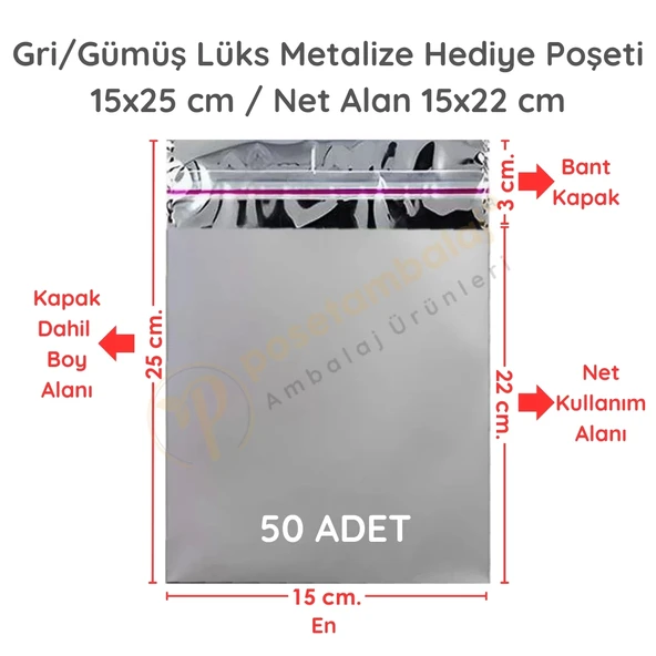 15x25 cm Gümüş Renk Bantlı Lüks Metalize Hediyelik Poşet (50 Adet)