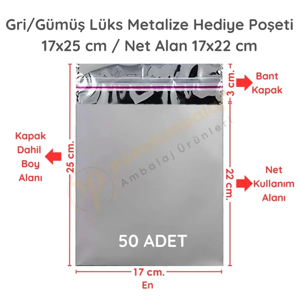 17x25 cm Gümüş Renk Bantlı Lüks Metalize Hediyelik Poşet (50 Adet)