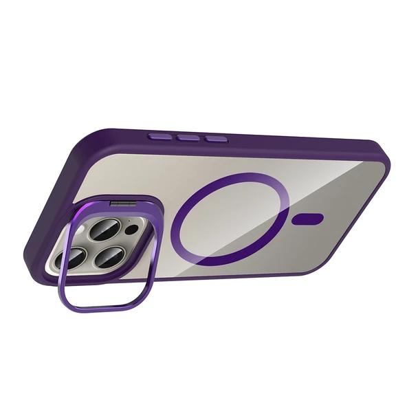 iPhone 15 Pro Max Kılıf Standlı ve Kamera Lens Hediyeli Kablosuz Şarj Özellikli Etro Kapak - Resim 6