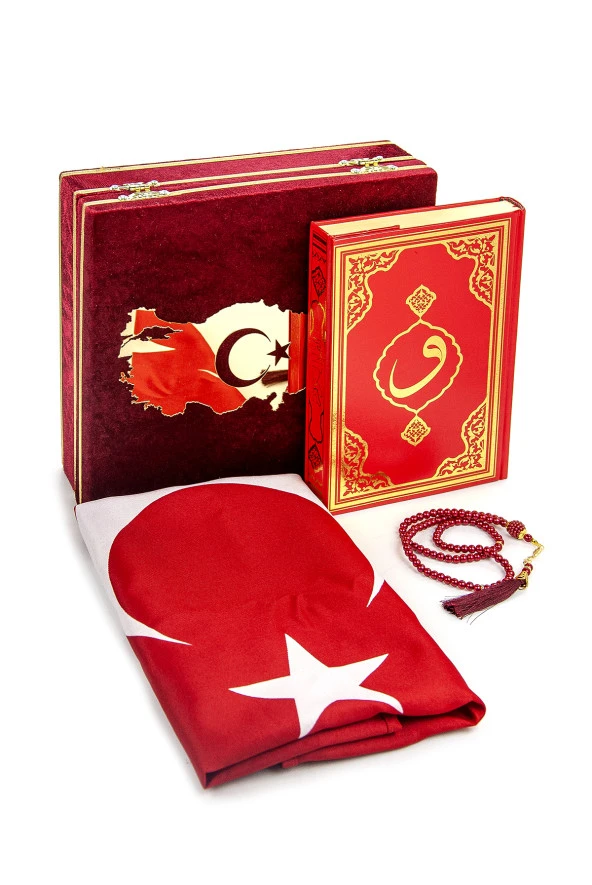 Türkiye Haritalı Bayraklı Kadife Kutulu Kuran Seti Kırmızı