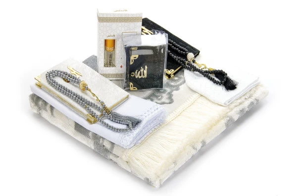 Lüks Özel Pvc Kutulu Çeyizlik Hediyelik İbadet Seccade Seti Gri - Resim 3