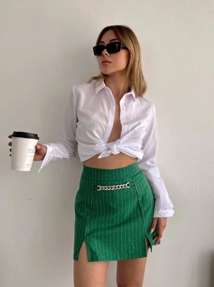 Zincir detaylı çizgili şort etek - Resim 2