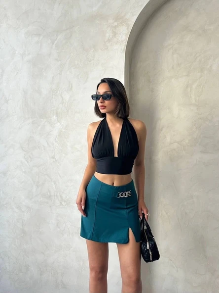 Zincirli şort etek petrol yeşili s24676 - 7