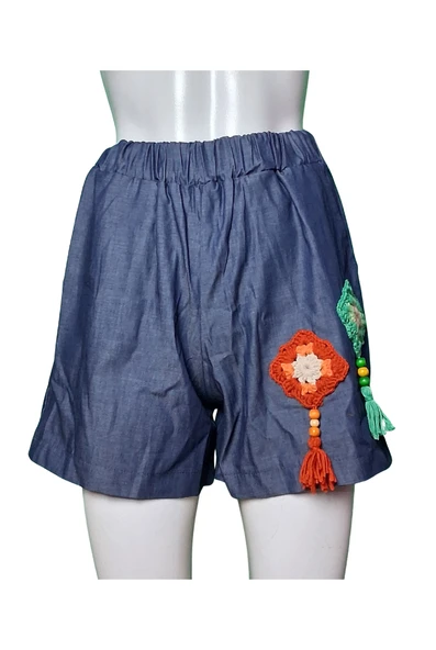 El Örgüsü Motifli Tansel Kot Şort Rahat Kalıp