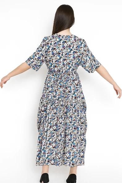 Sarı Gri Mavi Çiçek Desenli Salaş Yazlık Elbise - 2