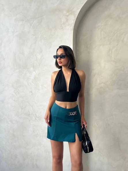 Zincirli şort etek petrol yeşili s24676 - Resim 7