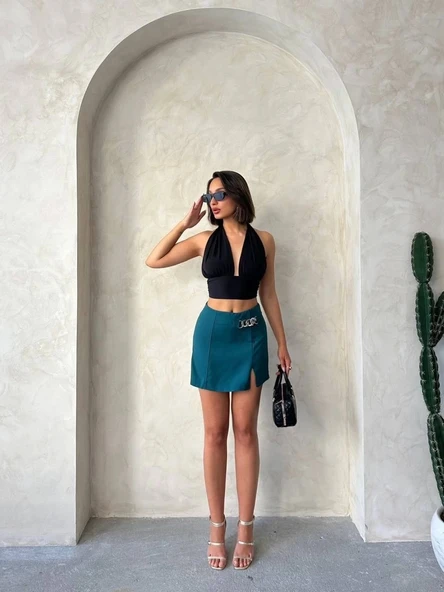 Zincirli şort etek petrol yeşili s24676 - 5