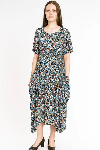 Sarı Gri Mavi Çiçek Desenli Salaş Yazlık Elbise