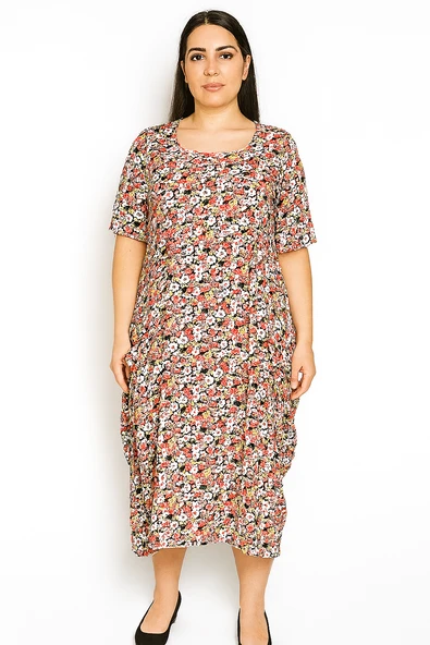 Sarı Gri Çiçek Desenli Yazlık Salaş Elbise