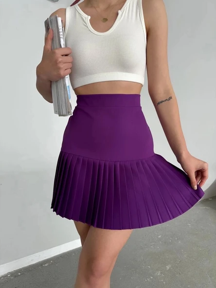Altı pliseli mini etek Mor s24705 - 3