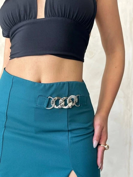 Zincirli şort etek petrol yeşili s24676 - 8