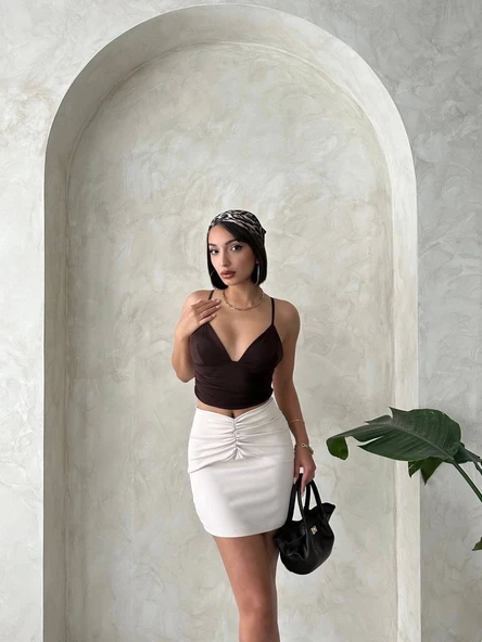 Önü büzgülü etek bej s24222 - Resim 3