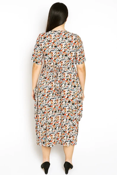 Sarı Gri Çiçek Desenli Salaş Yazlık Elbise - 2