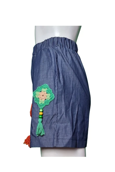 El Örgüsü Motifli Tansel Kot Şort Rahat Kalıp - 2