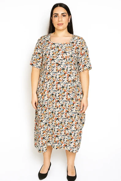 Sarı Gri Çiçek Desenli Salaş Yazlık Elbise