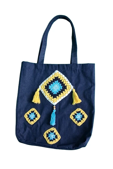 El Örgüsü Motifli Renkli Büyük Boy Lacivert Kot Çanta