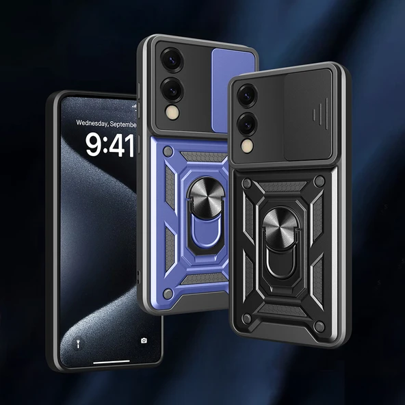 Samsung Galaxy S25 Edge Kılıf Magnetik Standlı Kamera Korumalı Sürgülü Vega Kapak - Resim 2