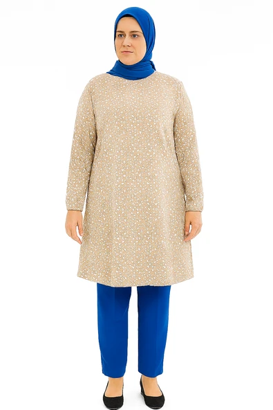 Bej Renkli Çiçek Desenli Tunik - 1