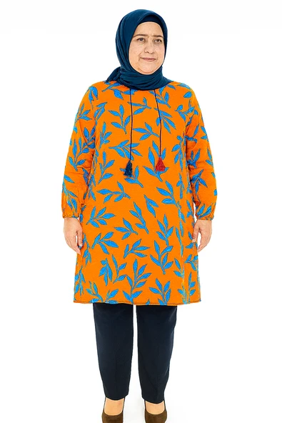 Turuncu Mavi Yaprak Desenli Tunik