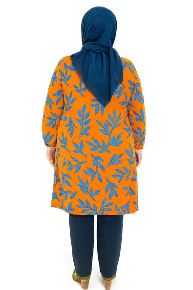 Turuncu Mavi Yaprak Desenli Tunik - 2