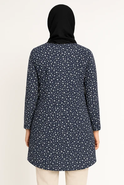 Lacivert Çiçek Desenli Tesettür Tunik - 2