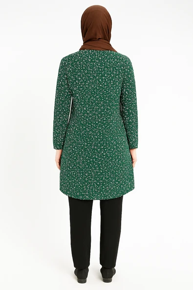 Yeşil Çiçek Desenli Bağcıklı Tunik - 2