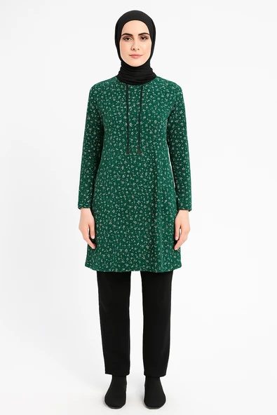 Yeşil Çiçek Desenli Bağcıklı Tunik
