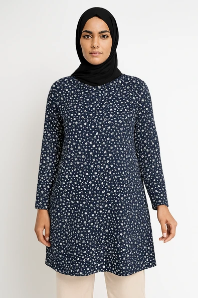 Lacivert Çiçek Desenli Tesettür Tunik