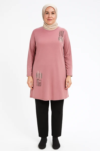 Nakış Detaylı Pudra Renk Tunik - 1
