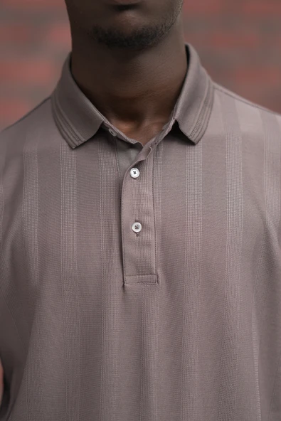 Regular Fit Likralı Kendinden Çizgili Polo Yaka T-Shirt - Resim 5