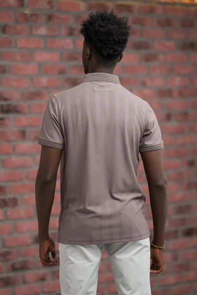 Regular Fit Likralı Kendinden Çizgili Polo Yaka T-Shirt - Resim 4