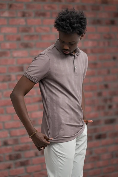 Regular Fit Likralı Kendinden Çizgili Polo Yaka T-Shirt - Resim 2