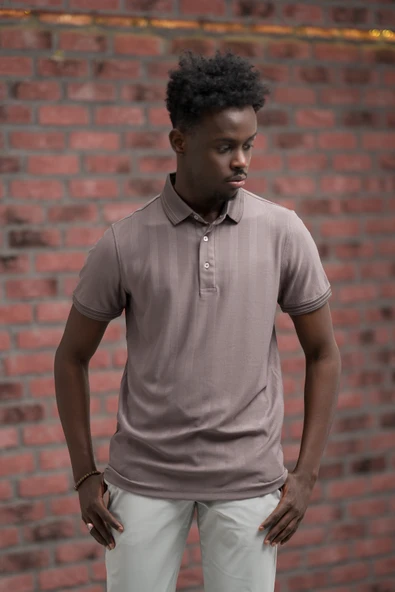 Regular Fit Likralı Kendinden Çizgili Polo Yaka T-Shirt - Resim 3