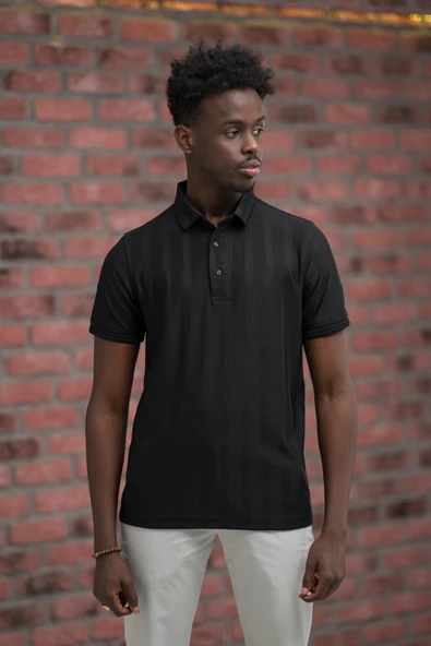 Regular Fit Likralı Kendinden Çizgili Polo Yaka T-Shirt - Resim 12