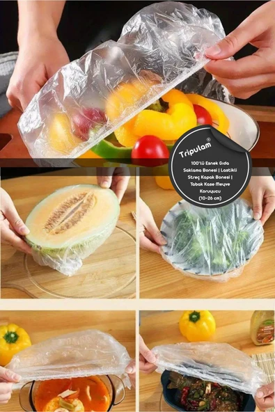 100'lü Esnek Lastikli Gıda Saklama Bonesi – Şeffaf Streç Kapak Seti | Tabak, Kase, Tencere, Meyve & Sebze Koruyucu | BPA İçermez, Sızdırmaz, Hijyenik - 5