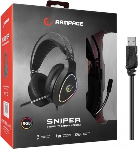 RAMPAGE RMX-G7 SNIPER SİYAH USB 7.1 RGB GAMING MİKROFONLU KULAKLIK RAMPAGE - 6