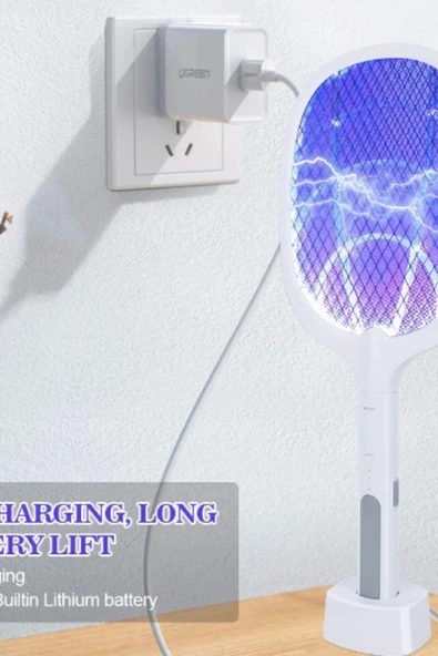 Şarjlı Elektrikli Sinek ve Sivrisinek Öldürücü Raket – UV Işıklı, Güçlü Voltaj, Sessiz Çalışma, Şarj Standı ve USB Kablo Dahil - Resim 3