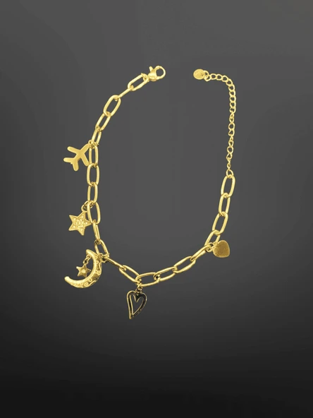 Gold Renk Charm Figürlü 316L Çelik Zincir Bileklik | Ay, Yıldız, Kalp Detaylı Şık Tasarım ürün görseli 1