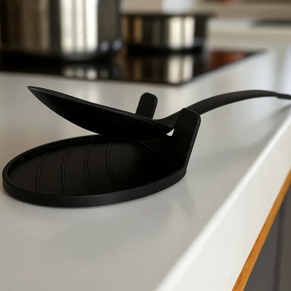 Kaşık Tutucu Stand Tezgah Koruyucu Kaşık Altlığı Mutfak Düzenleyici Pratik Kaşık Standı Siyah