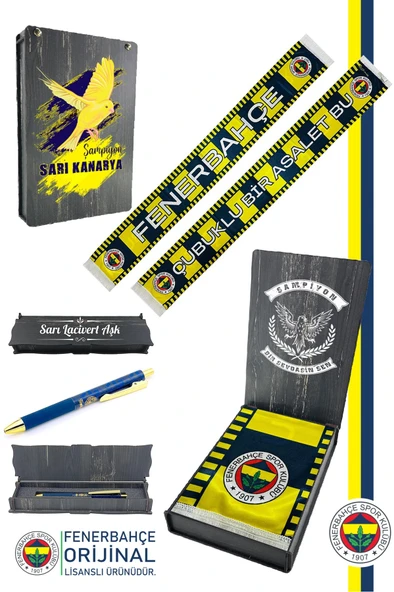 Fenerbahçe Orijinal Çubuklu Bir Asalet Atkı ve Hybrit Tükenmez Kalem Set Kanarya Baskılı Ahşap Kutu ürün görseli