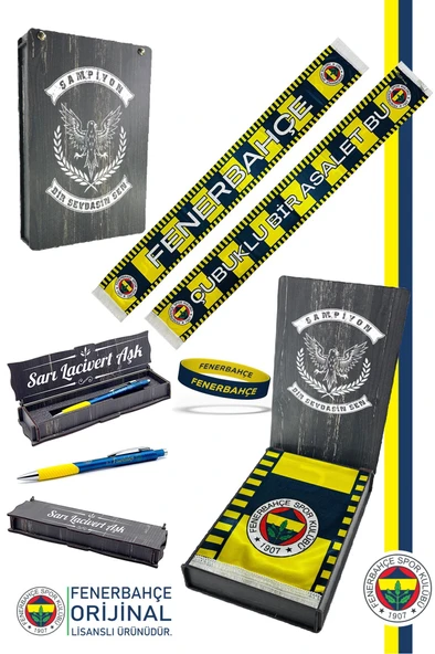 Fenerbahçe Orijinal Çubuklu Bir Asalet Saten Atkı + Uçlu Kalem + Bileklik Set Hediyelik Ahşap Kutulu ürün görseli
