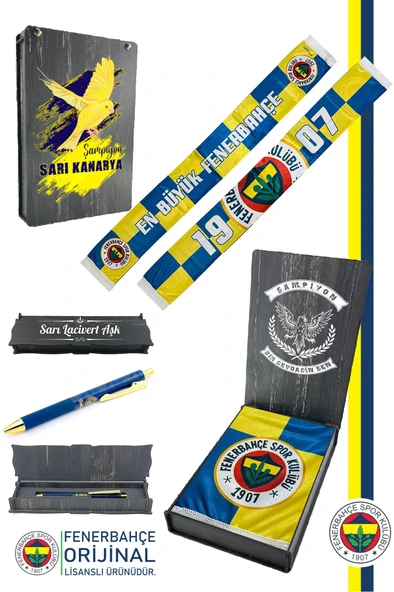 Fenerbahçe Orijinal Büyük Fenerbahçe Şal Atkı ve Hybrit Tükenmez Kalem Set Kanarya Baskı Ahşap Kutu ürün görseli
