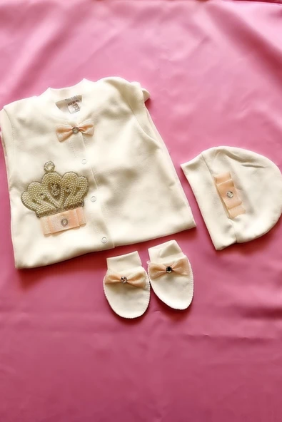 Kurdele Detaylı Taş Işlemeli Beyaz 3'lü Bebek Tulum Seti - Resim 7