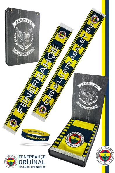 Fenerbahçe Orijinal Lisanslı Çubuklu Bir Asalet Şal Atkı ve Bileklik Set Kanarya Baskılı Ahşap Kutu ürün görseli 1