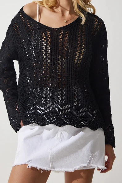 Kayık Yaka Ajurlu Triko Kazak