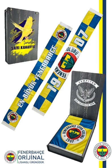 Fenerbahçe Orijinal Lisanslı En Büyük Fenerbahçe Şal Atkı Kanarya Baskılı Ahşap Kutulu