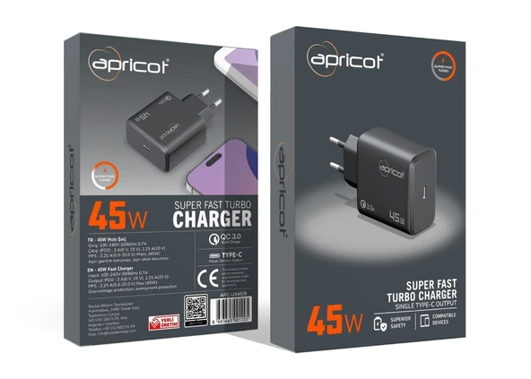 Apricot APC-U445/B 45W 3.0A TYpe-c  45W Süper  Hızlı Ev Şarj Adaptörü - Resim 2
