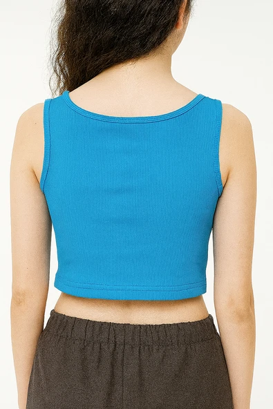 Sıfır Kol Crop Tişört (Mavi) - 2