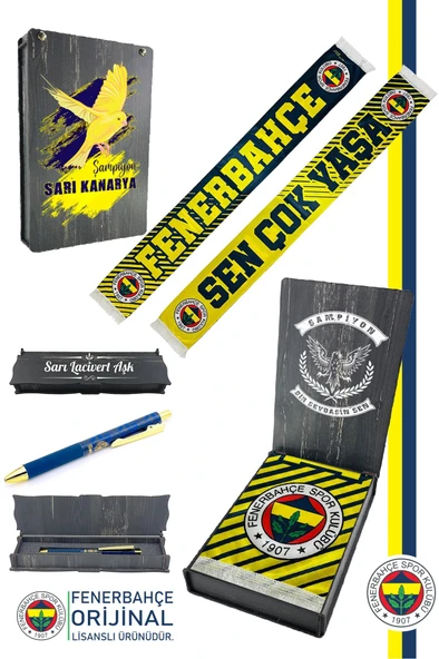 Fenerbahçe Orijinal Sen Çok Yaşa Fenerbahçe Atkı  Hybrit Tükenmez Kalem Set Kanarya Baskı Ahşap Kutu ürün görseli 1