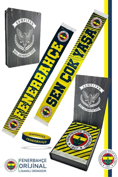Fenerbahçe Orijinal Sen Çok Yaşa Fenerbahçe Şal Atkı ve Bileklik Set Kanarya Baskılı Ahşap Kutulu ürün görseli